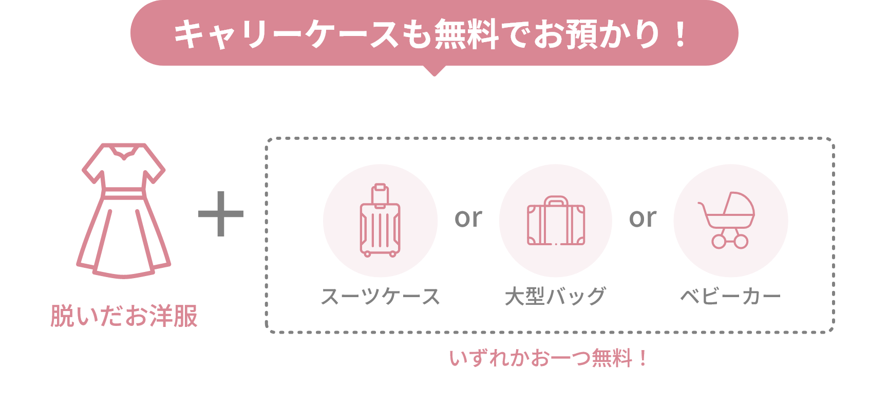 キャリーケースも無料でお預かり! = 脱いだお洋服 + いずれかお一つ無料! (スーツケース or 大型バッグ or ベビーカー)