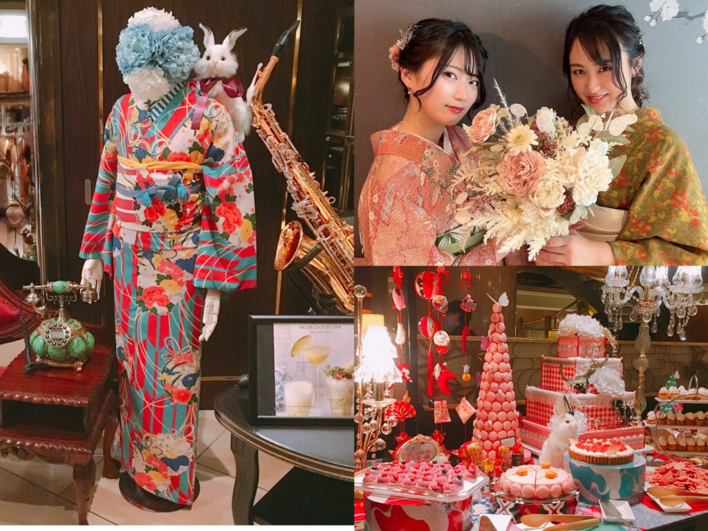 ラグジュアリーなホテルでオシャレな着物で撮影